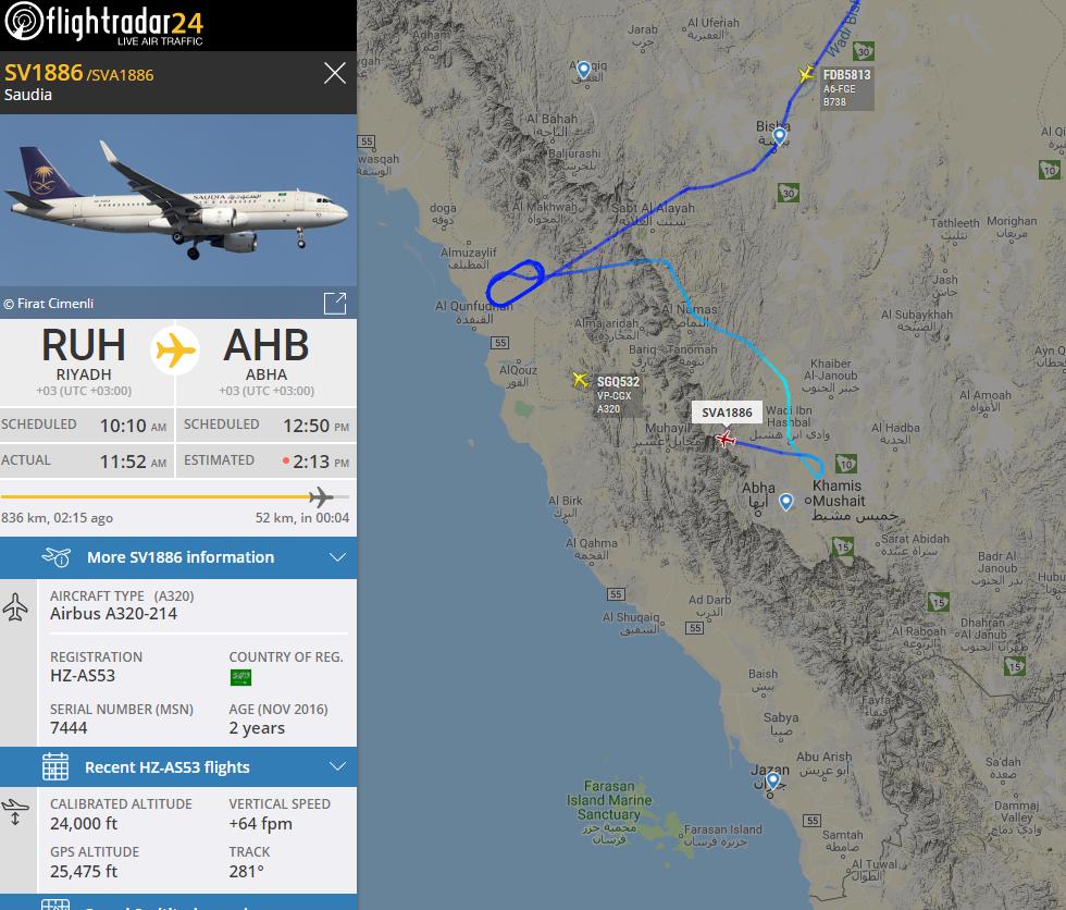 Also happening now, Saudi 1886 Riyadh > Abha, usually 80min flight, holding long, flight time already 1 hour longer.