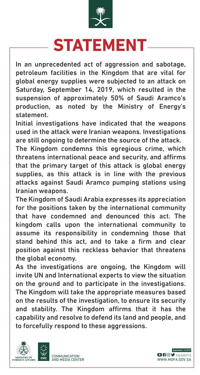 Saudi Foreign Ministry statement on attacks