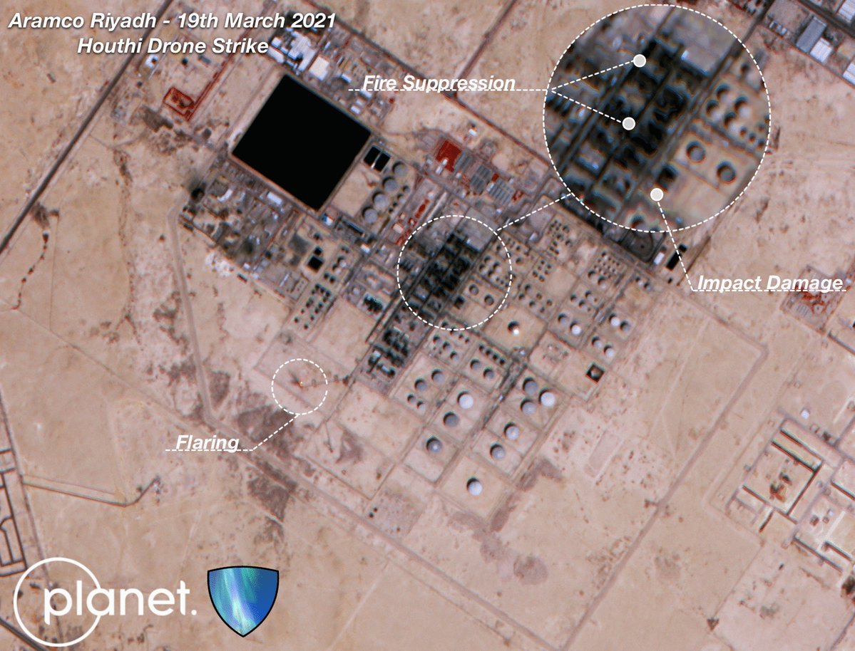 Img. courtesy of @planetlabs shows activity at Aramco, Riyadh after the reported Houthi drone attack in the morning. Aligning with KSA media fire suppression can be seen along with some impact damage. Full damage is not known, high-res will show that. Prod. was uninterrupted