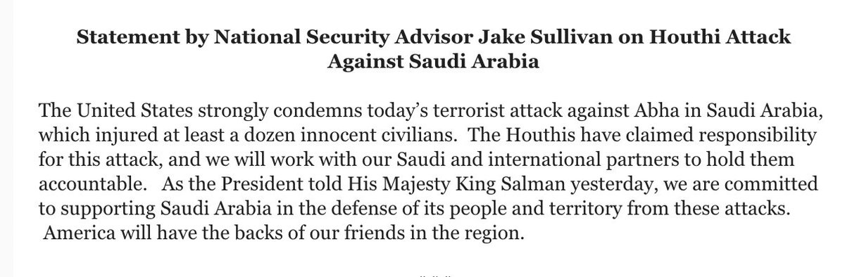 Jake Sullivan, re latest Houthi attack on Saudi Arabia, says Biden admin will work to hold them accountable: