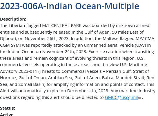 The US Maritime Administration has published an alert after a series of attempted hijackings in the Gulf of Aden and the Indian Ocean
