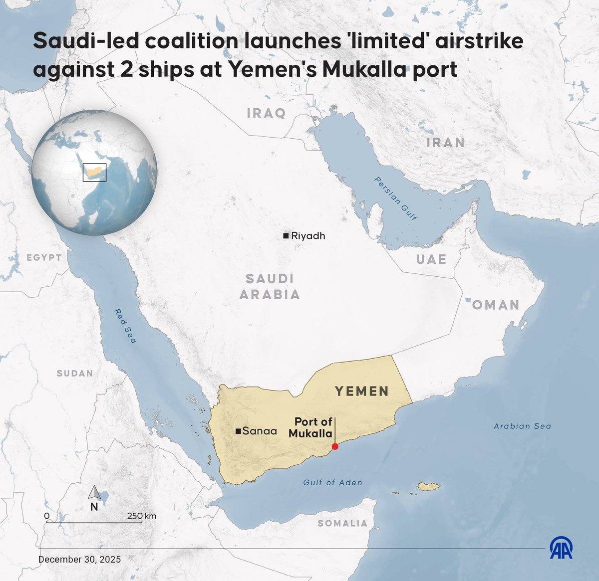 Saudi-led coalition says it carried out ‘limited’ airstrike at Yemen’s Mukalla port, targeting weapons and combat vehicles unloaded from two ships that arrived from UAE port of Fujairah. Saudi Arabia warned UAE, citing pressure on STC forces and security risks near its southern border. Yemen’s leadership responded by canceling joint defense agreement with UAE, declaring 90-day state of emergency, imposing 72-hour air and land closure, and demanding withdrawal of Emirati forces within 24 hours
