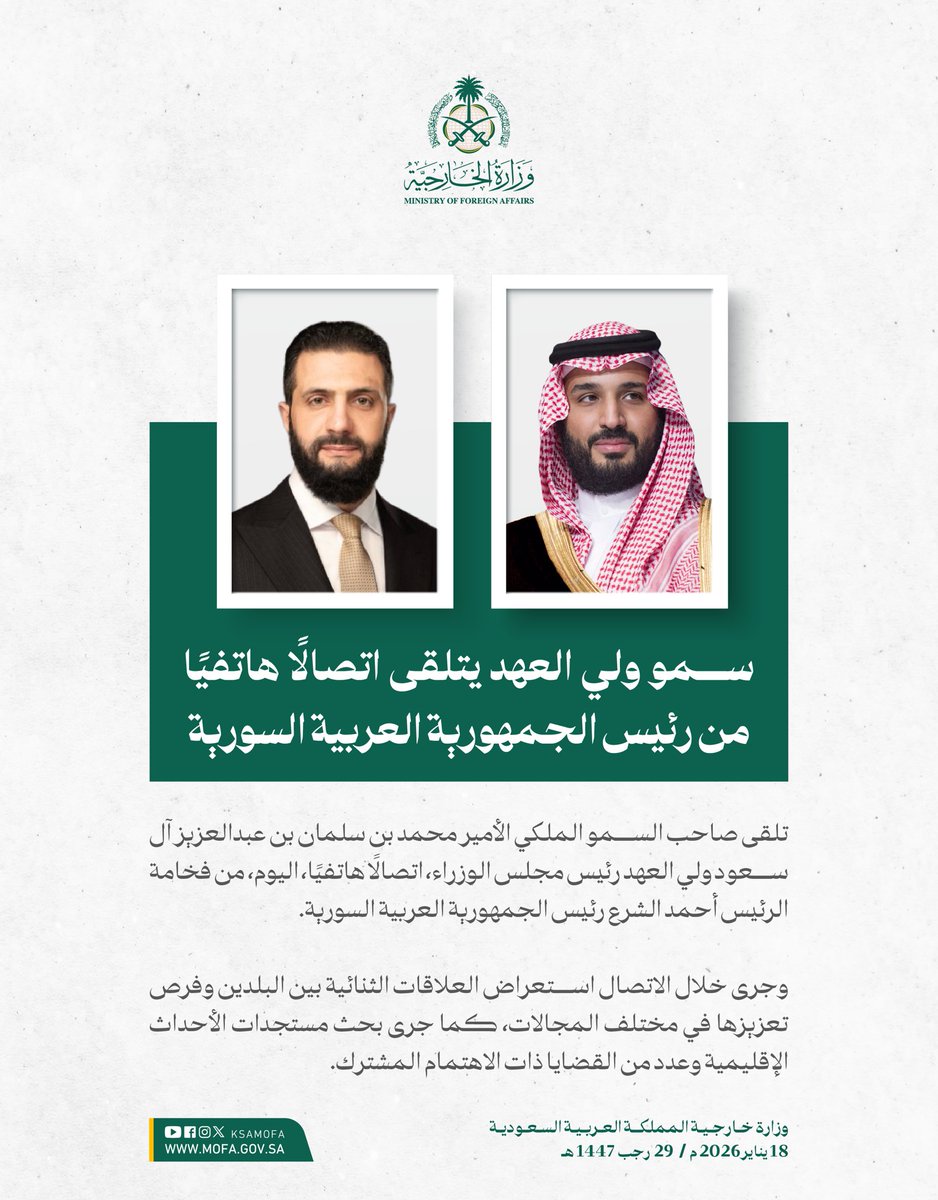 Saudi Crown Prince MBS held a phone call with Syrian President Ahmed al-Sharaa
