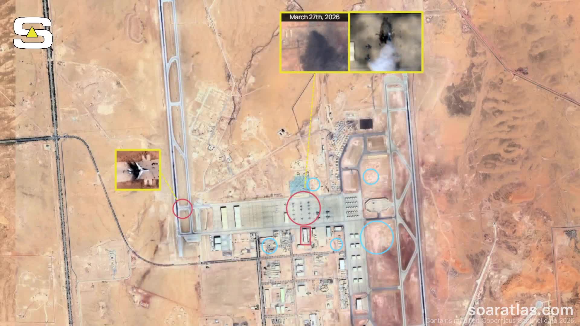 Satellite imagery from Mar 29th shows several strikes across the Prince Sultan Air Base in Saudi Arabia, confirming destruction to US E-3G Sentry and KC-135 aircrafts