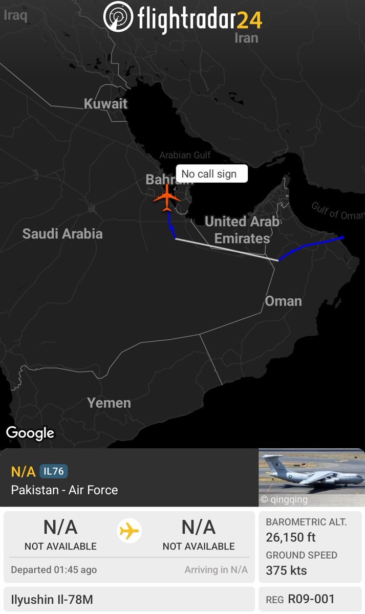 A Pakistan Air Force Il-78MP tanker and transport aircraft flew to Saudi Arabia today. It did not land, instead remaining active in air over the eastern region near Bahrain and the Persian Gulf, likely supporting fighter jets