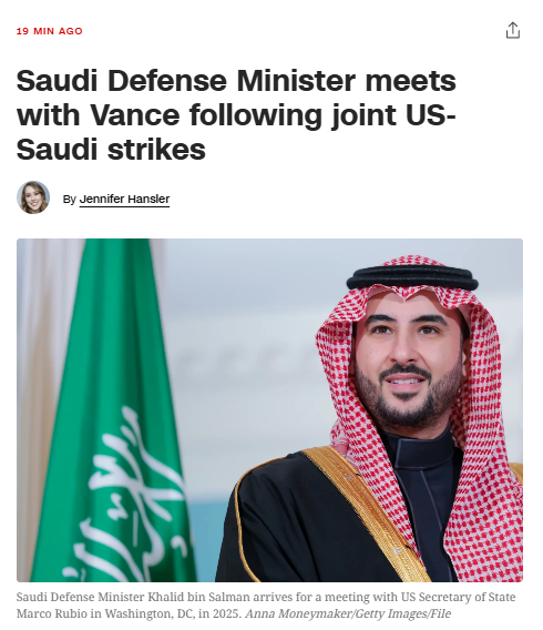 Saudi Defense Minister Khalid bin Salman met with JD Vance in Washington on Wednesday as tensions with Iran continued to rise. The visit came a day after the US and Saudi Arabia carried out joint strikes on Iran-linked logistics and weapons sites in Iraq. During the meeting, Khalid discussed the strikes, Saudi Arabia's response to attacks on its infrastructure, and delivered a personal message from Crown Prince Mohammed bin Salman. Saudi Arabia believes Iran will continue escalating through allied militias in Iraq and Yemen's Houthis. Source: CNN