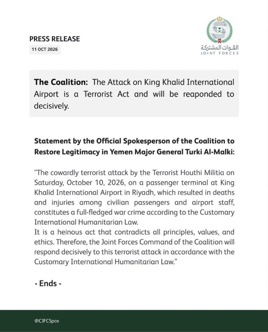 The recent Houthi attack on King Khalid International Airport has killed twelve people, including an American, Egyptian, Jordanian, Syrian, Palestinian, and Sudanese individuals, with 309 individuals being injured. A number are still in critical condition. Per a release from the Saudi-led coalition, the joint forces will respond decisively to the attack. Expect a notable increase in Saudi strikes against the Houthi seat of power, Sanaa, Yemen